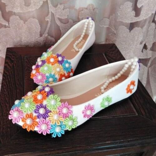 Plus sizes 41 42 43 flat heel colorful lace party flats shoes ankle beading strap sweet luxury handmade bridal wedding shoes