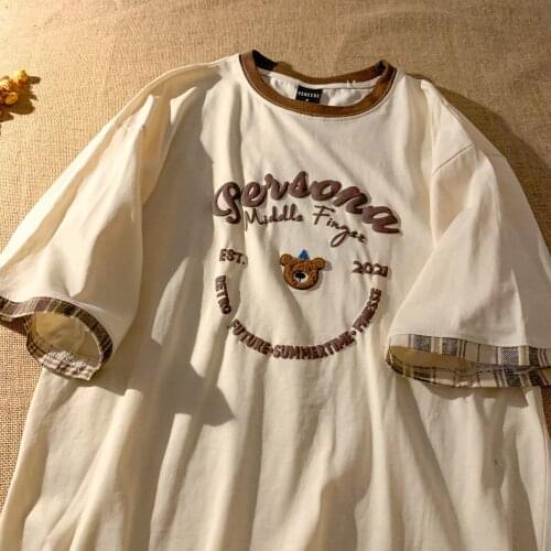 Cotton Material Super Chic Bear Embroidery Letters Print T Shirts Women Oversized Summer Tees 2021New Korean Trend Harajuku Tops