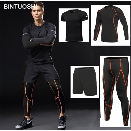 BINTUOSHI 4 pieces Dry Fit Compression Tracksuit Fitness Tight Running Set T-shirt Legging Mens Sportswear Gym Sport Suit