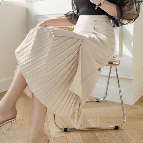Limiguyue Spring Korean Slim Chic Buttons Women Skirt High Waist Irregular Patchwork Pleated Midi Skirts Lady Elegant Saias K527