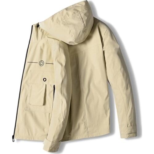 Mens spring and autumn new trend windbreaker jacket casual comfort plus size tooling loose zipper hooded overcoat