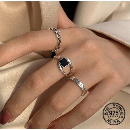 Geometric Chain S925 Silver Open Rings For Women Simple Korean Fashion New Trendy Vintage Style Hot Sale Student Jewelry INEFFA