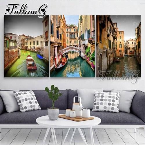 FULLCANG 5d diy diamond embroidery water city scenery triptych painting 3pcs full square/round drill mosaic pattern decor FC637