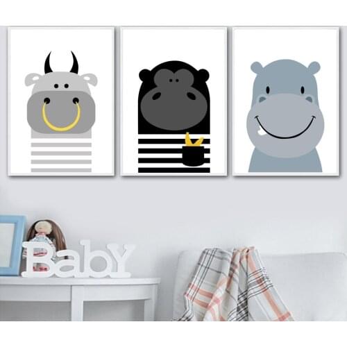Nordic Canvas Painting Wall Art Prints and Posters Cartoon Animal Cow Monkey Hippo Minimalist Pictures Modern Kids Room Decor