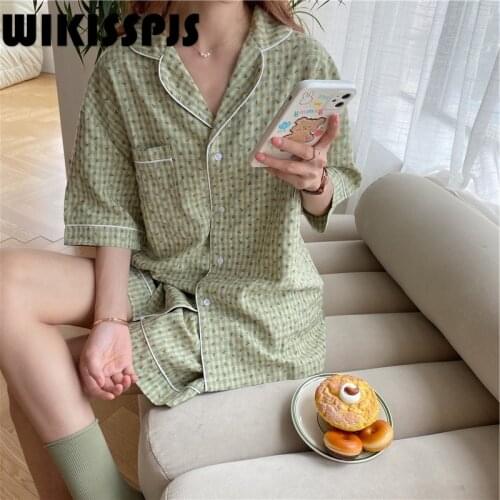 2021 Summer New Korean Fresh Fragmental Plaid Short Sleeve Home Wear Women Pajama Set Two Piece Set Summer Lounge Wear