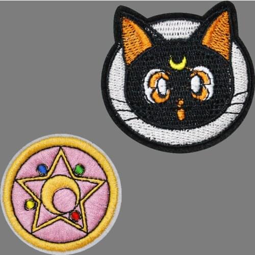 New Round Cat Embroidery Patches for Clothing DIY Stripes Appliques Clothes Stickers Iron on Moon Cat Pentagram Badges