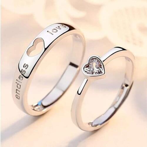 2pcs/Pair Adjustable Heart-Shaped Letter Copper Plated 30% Silver Crystal Couple Rings Men Women Jewelry Wholesale Dropshipping