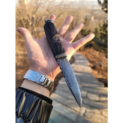 Damascus steel straight blade VG10 steel pattern steel fixed blade outdoor camping tool knife goshawk head handle hunting