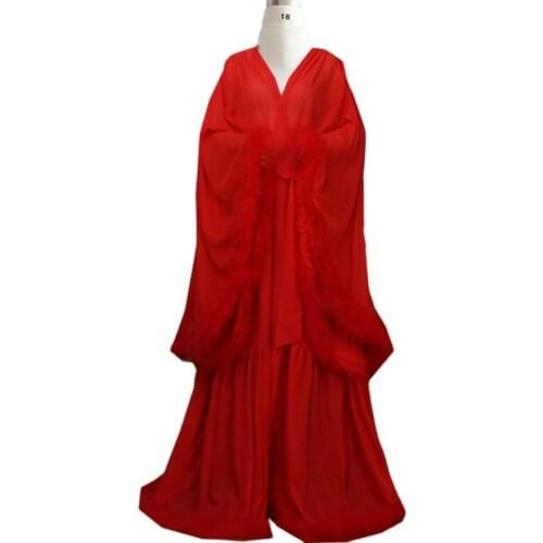 Real Image Red Fur Bridal Robes Women Long Chiffon Bathrobe Dresses Wedding Birthday Prom Bridal Fluffy Party Sleepwear Gown