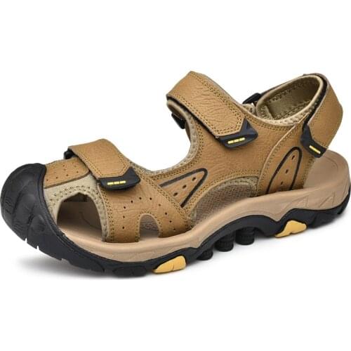 Luxury Leather Mens Sandals Summer Cool Comfortable Male Sandals Two Strap Hook&Loop Sandals Shoes For Men Sandals Big Size 46