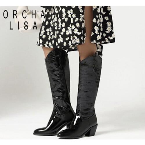 ORCHALISA Winter Womens slip on boots black 6cm cowboy Chunky mid heels knee high boots Big size 14 15 patent leather Shoes