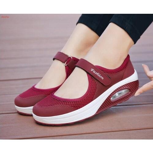 Summer Fashion Women Wedge Platform Shoes Woman Breathable Mesh Casual Shoes red Mesh breathable leisure Boat Shoes