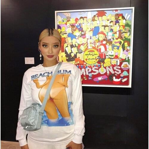 Street Style Sexy Sunbathing Peach Hip Print Round Neck Cotton Small Loose Long Sleeves