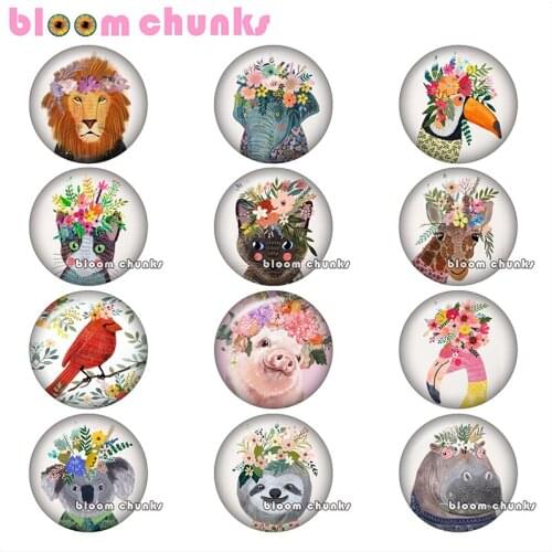 Animal flower spring wreath lion elephant cat pig snap button glass cabochon demo flat back Making findings 12/18/20/25mm A8213