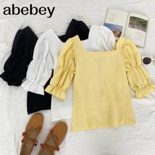 2021 New Spring Summer Women All-match design Blouse square neck Puff sleeve Blouse slim short sleeve solid Shirt Top