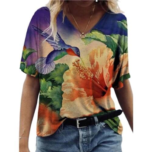 3d Floral Print Tee Top Plus Size 3xl Oversized Women Summer Tops 2021 New Short Sleeve V-neck Loose Casual T Shirt Ladies