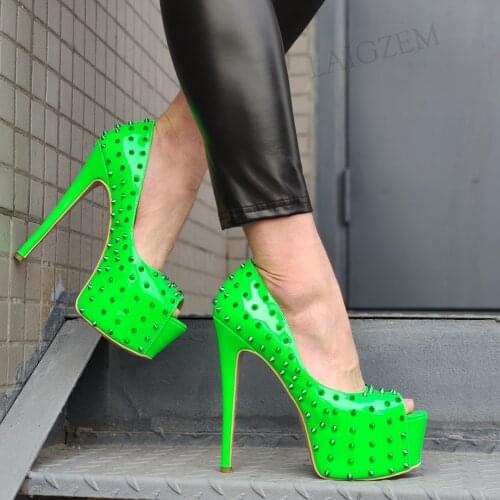 LAIGZEM SUPER Women Platform Pumps Peep Toe Studded Shiny Stiletto Heels Prom Party Sandals Shoes Woman Big Size 42 44 45 50 52
