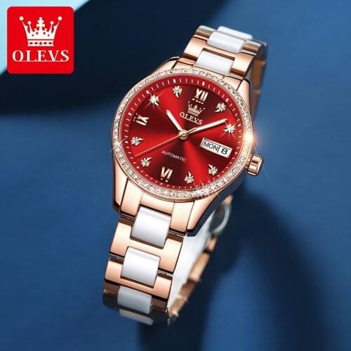 OLEVS Ladies Diamond Watch Luxury Bracelet Set Watch Ladies Casual Ceramic Strap Mechanical Watch Female Clock Zegarek Damski