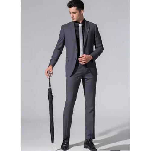 Hot Sale Gentlemen Slim Fit Grey 2 Piece Wedding Tuexdos Formal Prom Suit Party Blazer (Jacket+Pants) Streetwear Custom Made