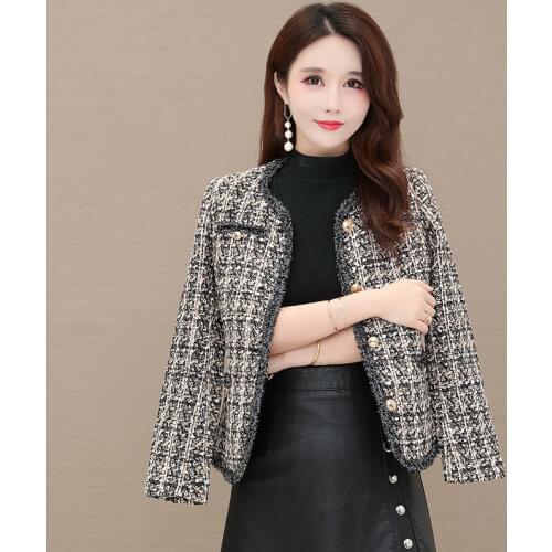 Vintage Tweed Plaid Jacket Women Plus Size 4XL Elegant Slim O-Neck Single Breasted Short Coat Spring Fashion Chic Woolen Outwear