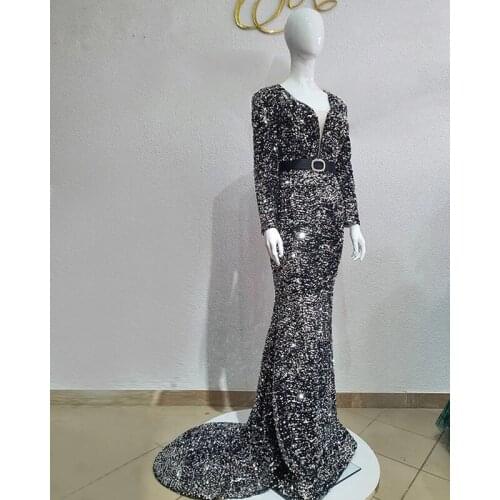 Black Girl Real Picture Mermaid Style Long Sleeve V-neck Sparkly Silver Sequined African Women Formal Evening Dresses 2021