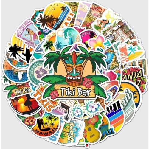 10/50PCS Outdoor Hawaii Surfing Stickers Summer Tropical Beach Surfing Sticker Waterproof DIY Surfboard Car Skateboard Decal