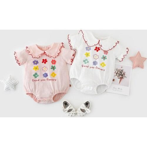 2021 Baby Girl Bodysuit Turn Down Collar Baby One-piece Clothes Short Sleeve Printed Baby Climbing Suit Girl Outfit