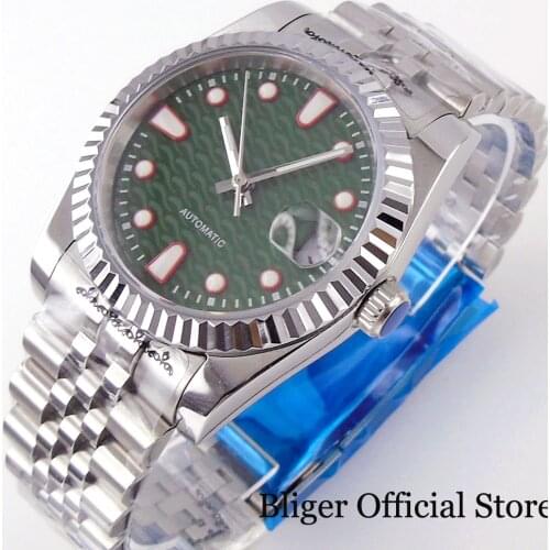 BLIGER 36mm Green Fluted Bezel 21 Jewels MIYOTA 8215 Sapphire Glass Jubilee bracelet Screw Crown