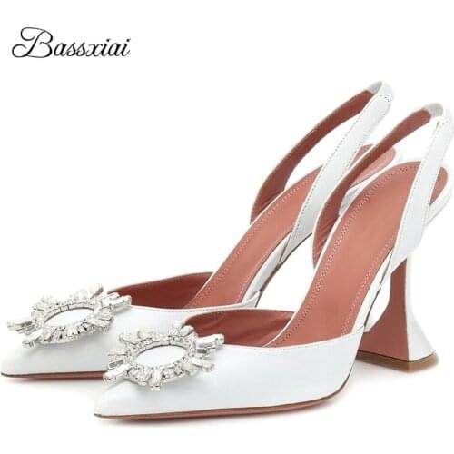Genuine Leather High Heel Sandals For Girls Sexy Pointed Toe Goblet Heel Crystal Rhinestone Sunflower Buckle Sandalias Mujer