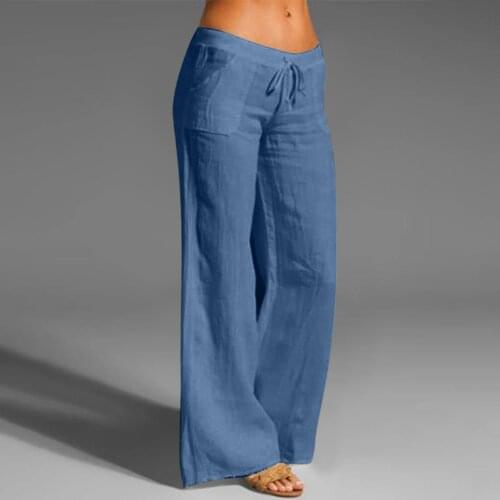 40# Elastic Waist Cotton Linen Long Pants For Women Drawstring Wide Leg Women Pants Casual Solid Color Streetwear Trousers