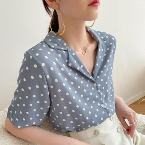 Vetement Femme 2021 Retro Tops for Women Clothing Korean Fashion Loose V Collar Polka-dot Short-sleeved Blusas Shirt Blouse 1035
