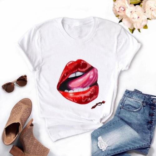 FIXSYS Summer New Fashion Red Lips Printed Tshirt Women Short Sleeve Tshirts Female Casual T-shirt 90S Girls O-neck Tops Tee