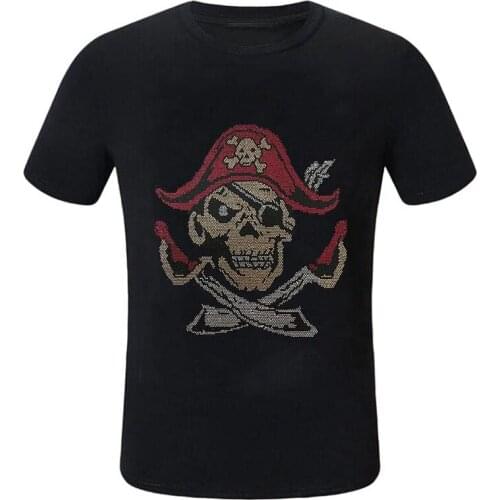 Hot drill fashion man tees pirate design with Rhinestones summer t-shirt fashion cotton mens cotton top