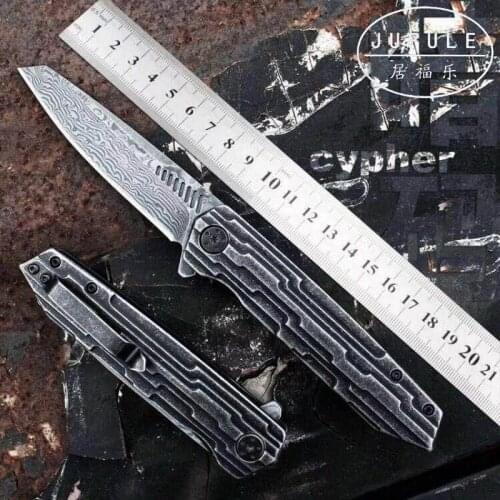JUFULE original design Real VG-10 Damascus ball bearing flipper Steel handle folding camping hunting EDC tool kitchen knife