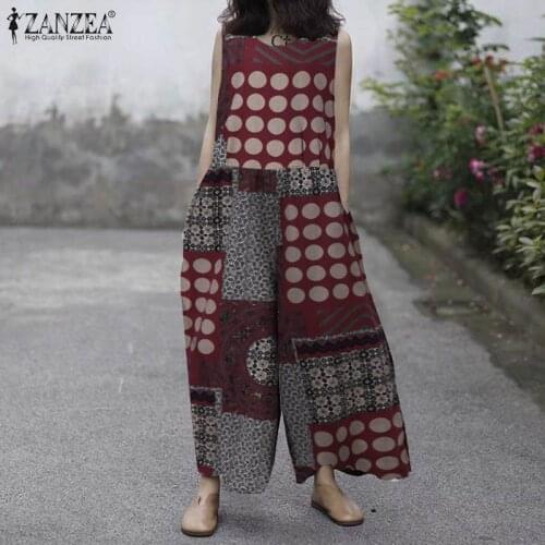 Vintage Printed Jumpsuits Womens Summer Overalls 2021 ZANZEA Casual Sleeveless Floral Rompers Female O Neck Pantalon Palazzo