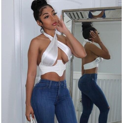 Womens Plain Crop Tank Tops, Sleeveless Cross Halter Neck Irregular Hem Backless Camisole