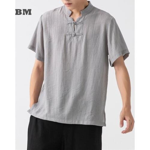 Summer Chinese Style Cotton Linen Tang Suit Short-Sleeved Plus Size T Shirt Ethnic Style Retro Top Tai Chi Hanfu Men Clothing