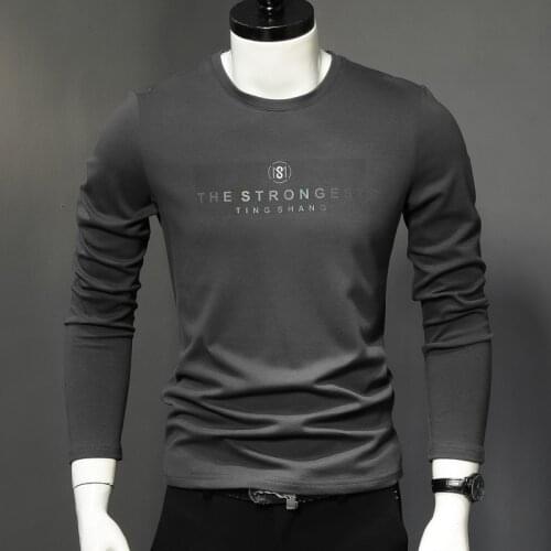 Men Fleece T-Shirt Autumn Winter Fashion Letter Printed Long Sleeve O-Neck Slim Fit Thickening Warm Tshirt