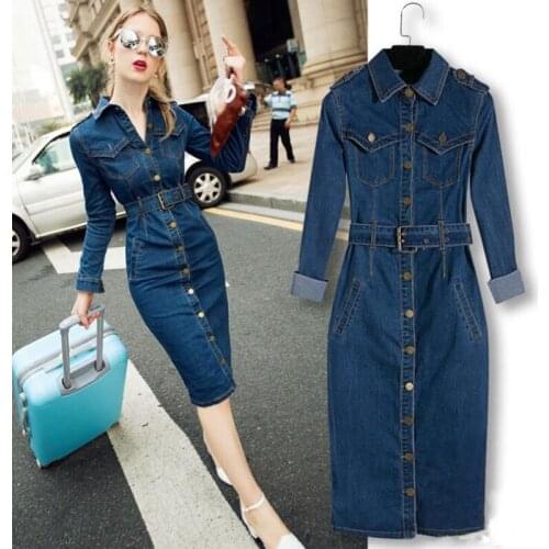 Bodycon Belted Jeans Dress Denim Dresses Office Slim Jeans Long Sleeve Mid-Cuff Denim with Belt for Women Jeans Dress Long Dress