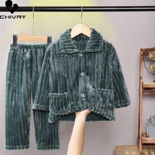 New 2021 Kids Boys Girls Autumn Winter Thick Keep Warm Flannel Pajama Sets Solid Lapel Tops with Pants Sleeping Clothing Sets