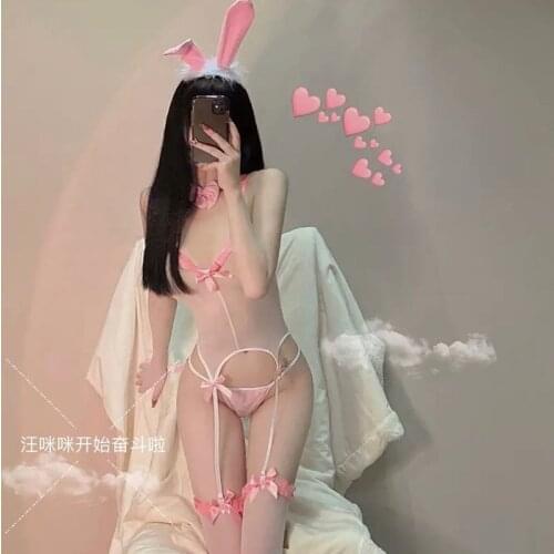 Pink Lace Sleepwear Bunny Anime Cosplay Costumes Bustier Fishnet Bodysuit See Through Jumpsuit Role Play Costumes Sexy Lingerie