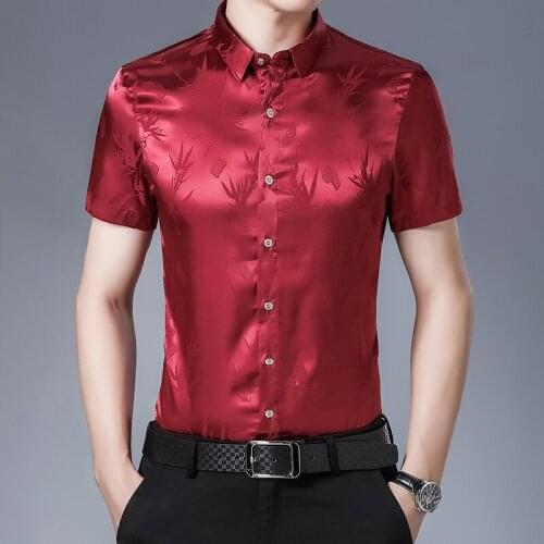 Summer Mens Bamboo Tree Silk Dress Shirts Fashion Printing Streetwear Male Short Sleeve Soft Silk Shirts Buttons Up