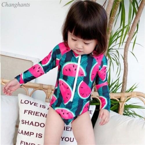 Girls One Piece Swimsuit 1-7 Y Children Long Sleeve Swimwear Swim Cap Kids Rash Guard Dark Blue Watermelon Print Baby Sandy Wear