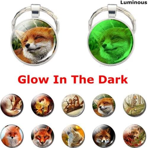 Luminous Red Fox Keychain Glass Dome Keyring Pendant Cute Animal Jewelry Car Keychain Accessories Glow In The Dark Keychain Gift