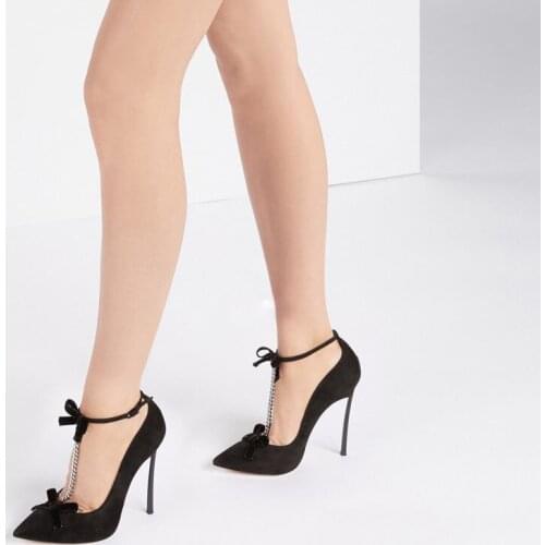 Chic Metal Chains T-Strap Bowtie Pumps Ankle Strap Blade Heel Single Dress Shoes Woman Suede Pointed Toe Banquet Party High Heel