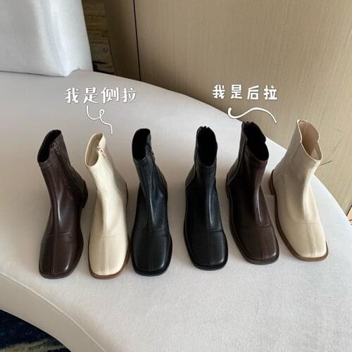 Square Head Flat Bottom Soft Leather Comfortable Martin Short Boots Women Thin Boots Boots Fur Boots Winter Boots