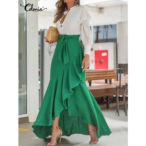 Summer Women Fishtail Skirts Fashion Party Maxi Skirt Celmia Summer High Waist Belted Casual Loose Asymmetrical Ruffles Skirts