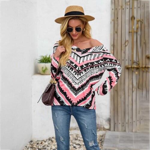 Women Long Sleeve V-Neck Dyeing Printing T-Shirt Vogue Oblique Shoulder Sexy Sweatshirt Loose Casual Female Tops