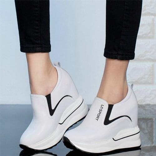 Women Slip On Genuine Leather Wedges High Heel Ankle Boots Female Round Toe Fashion Sneakers Platform Pumps Shoes Casual Shoes