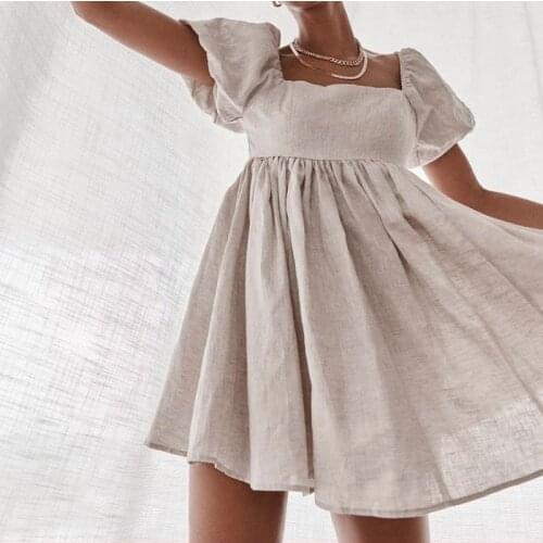 BeeHouse vestido de mujer sukienka mini kawaii casual cute short puff sleeve robe fille New style linen small fresh dress2021